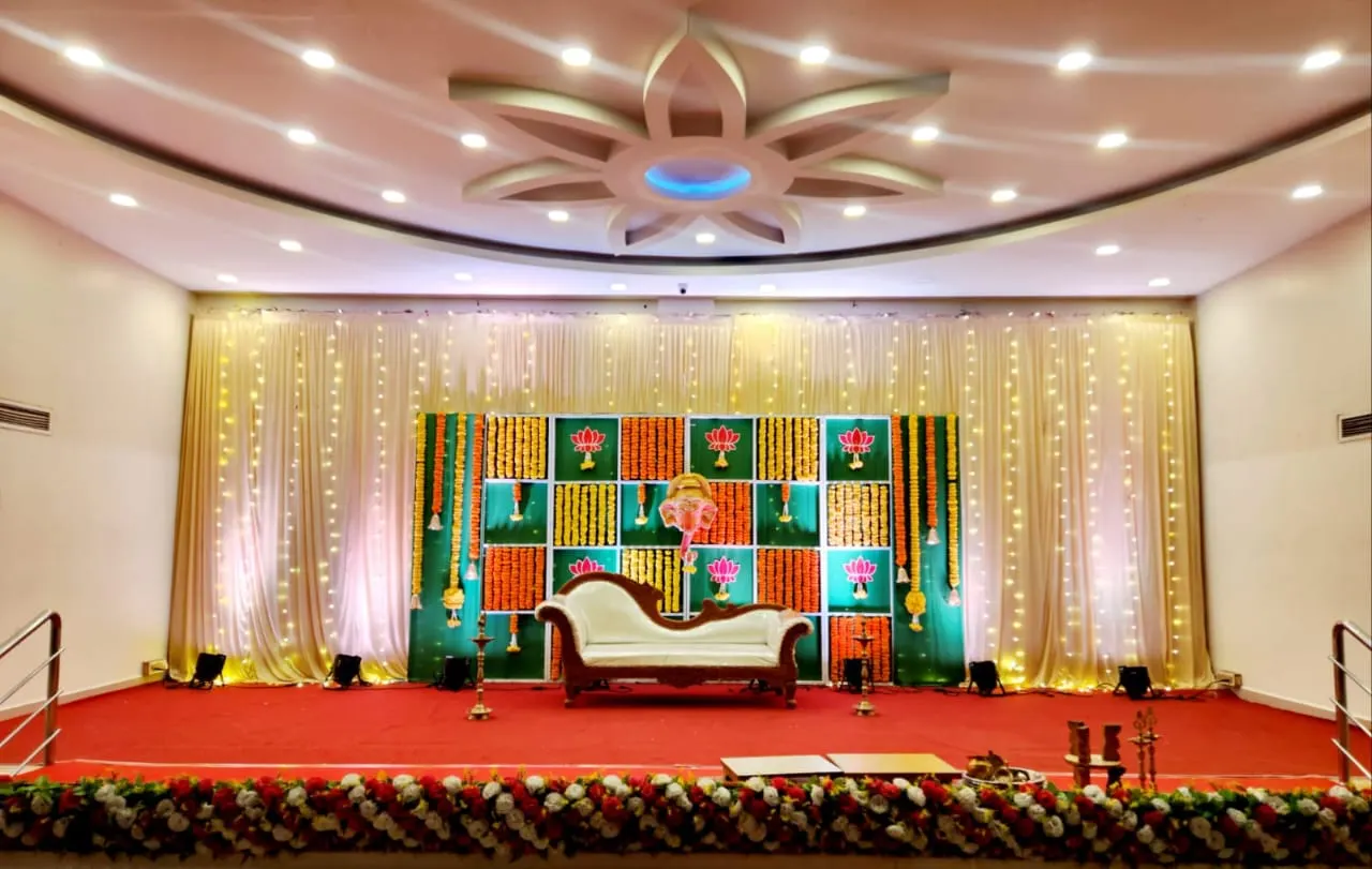 Stage with a colourful panelled backdrop
